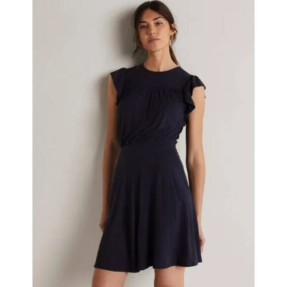 BODEN Ruffle Printed Mini Dress Blue Cap Sleeve Scoop Neck Short Stretch US 4R - Picture 2 of 8